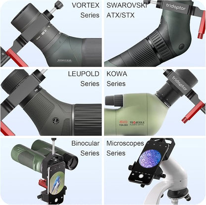 tridaptor - Universal Phone Scope Digiscoping Adapter|High-Precision XYZ Metal Telescope Mount 3-Axis Smartphone Holder for Spotting Scope Monocular Binos|Fits All Cell Phone Camera/Max 2.4" Eyepiece