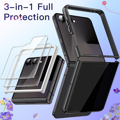 JETech 3 in 1 Case for Samsung Galaxy Z Flip 7, Black | 2 Tempered Glass Front Screen Protectors, Scratch Resistant, Crystal Transparent Hard PC Shell, Protective Phone Cover
