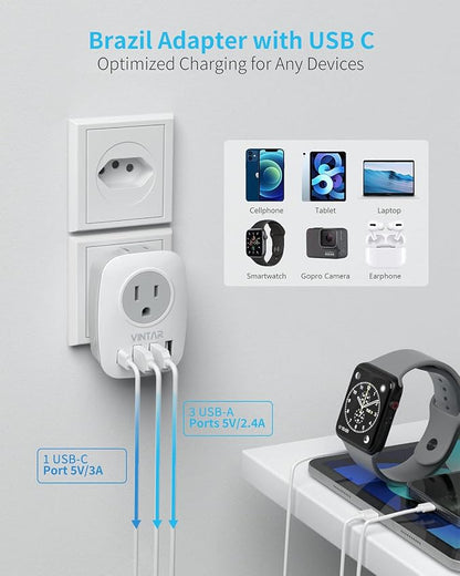 2 Pack Brazil Adapter Plug,VINTAR Type N Plug Adapter with 1 USB C,3 USB Ports and 2 American Outlets,6 in 1 Brazil Power Adapter for US to Brazil