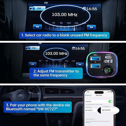 Syncwire Bluetooth 5.3 FM Transmitter Car Adapter 48W(PD 36W & 12W) [Light Switch] [Hi-Fi Deep Bass] [Fast Charging] Wireless Radio Music Adapter LED Display Hands-Free Calling Support USB Drive
