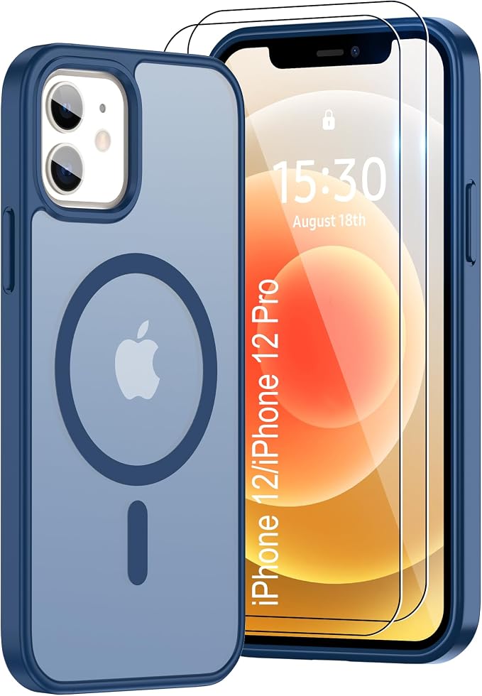 Pilaru for iPhone 12 Case & iPhone 12 Pro Case [Compatible with Magsafe] Translucent Matte Magnetic Case with Screen Protector,SlimThin Shockproof Protection Case for iPhone 12 & 12 Pro-Dark Blue