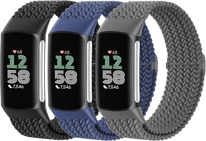 Braided Solo Loop Bands Compatible with Fitbit Charge 6/Charge 5, 3 Pack Adjustable Stretchy Wristbands Soft Woven Nylon Replacement for Fitbit Charge 5/Charge 6 Tracker Smart Watch for Women Men