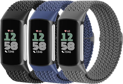 Braided Solo Loop Bands Compatible with Fitbit Charge 6/Charge 5, 3 Pack Adjustable Stretchy Wristbands Soft Woven Nylon Replacement for Fitbit Charge 5/Charge 6 Tracker Smart Watch for Women Men