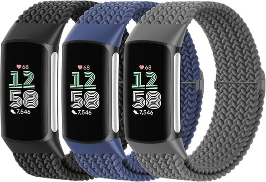 Braided Solo Loop Bands Compatible with Fitbit Charge 6/Charge 5, 3 Pack Adjustable Stretchy Wristbands Soft Woven Nylon Replacement for Fitbit Charge 5/Charge 6 Tracker Smart Watch for Women Men