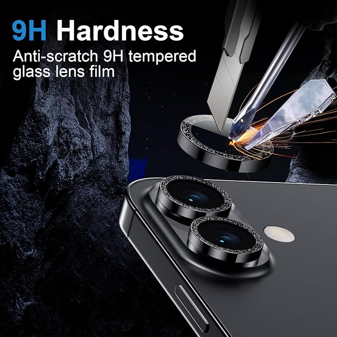 AFARER Camera Lens Protector for iPhone 17/16/16Plus,Individual Metal Cover Ring, 9H Tempered Glass Anti-Scratch,Strong Adsorption & Case Friendly [Does not Affect Night Shots] (Glitter Black)