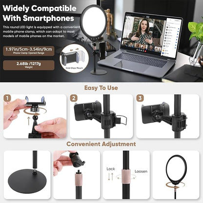 10W 12" Ring Light with Desk Stand & Phone Holder, Dimmable 360° Rotatable LED Full Screen Computer Lamp for Zoom Meetings, Streaming, Gaming, TikTok,YouTube,Videos with Night Light Mode