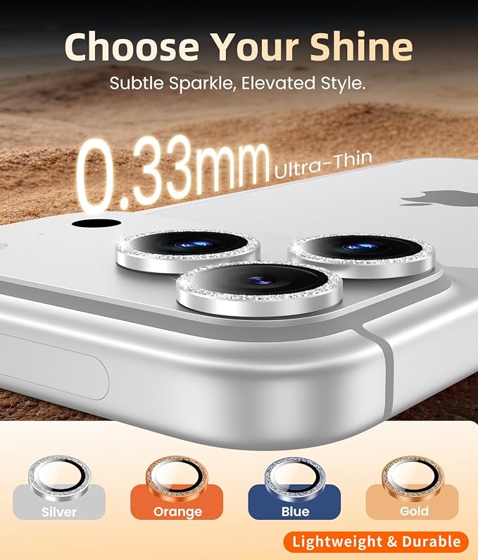 PandaShield 2-Pack Anti-Reflection Camera Lens Protector for iPhone 17/16/15 Pro & Pro Max, Easy Installation,9H Hardness, 98% Ultra Clarity, Maintains Original Lens Design - Glitter Silver