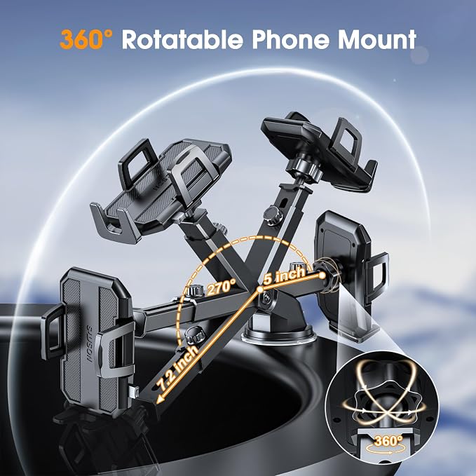 Upgraded 3-in-1 Car Phone Holder Mount [Powerful Suction] Phone Mount for Car Dashboard Air Vent Windshield,for All iPhone Android Phone, Charcoal Black