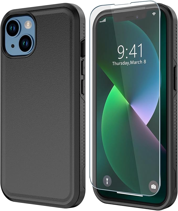 Diverbox for iPhone 13 case [Shockproof] [Dropproof] [Tempered Glass Screen Protector ],Heavy Duty Protection Phone Case Cover for Apple iPhone 13 (Black-2in1)