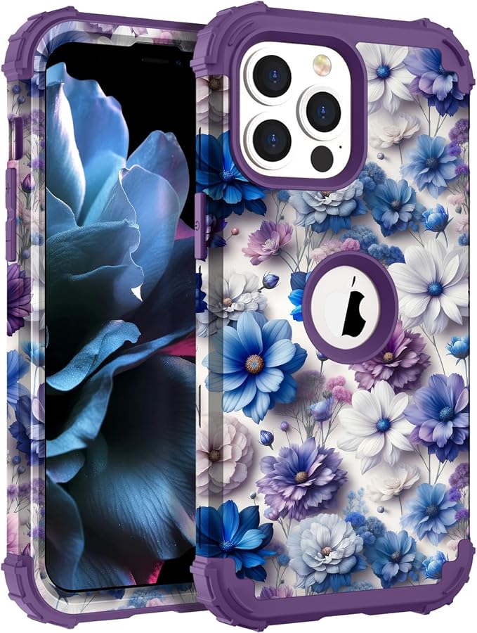 Hocase for iPhone 13 Pro Max Case, Heavy Duty Shockproof Protection Soft Silicone Rubber Bumper+Hard Plastic Hybrid Protective Case for iPhone 13 Pro Max (6.7") 2021 - Blue Purple Flowers