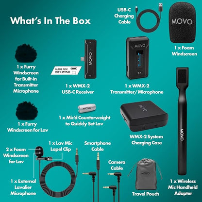 Movo WMX-2-C USB-C Wireless Lavalier Microphone for iPhone 15/Android/USB C Devices with WMX-HM Handheld Adapter - Lapel Mic with Handle Mount for Content Creators, Interviews, Reporting