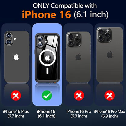 xiwxi for iPhone 16 Case Waterproof,[IP68 Underwater][Built-in Screen Protector ][Compatible with MagSafe][15FT Military Dropproof][Dustproof] Full Body Shockproof Protective Phone Case 6.1" Black