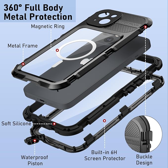 WIFORT for iPhone 15 Waterproof Case - Metal Full Body Protection Case Built-in [Screen Protector][IP68 Water Proof][14FT Military Grade Dropproof][Compatible with MagSafe] Phone Cover, 6.1" Black