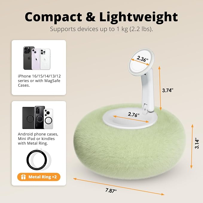 Magnetic Phone Pillow Stand, Phone Holder for Bed,Lap,Desk, Cozy Pillow Stand with Snack Bowl and 2 Magnetic Rings, Compatible with 3.5-7" iPhone,E-Reader, Kindle, Green