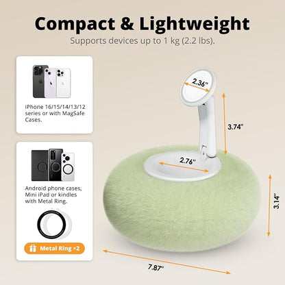 Magnetic Phone Pillow Stand, Phone Holder for Bed,Lap,Desk, Cozy Pillow Stand with Snack Bowl and 2 Magnetic Rings, Compatible with 3.5-7" iPhone,E-Reader, Kindle, Green