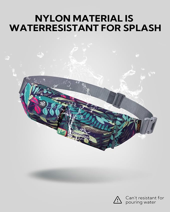 WATERFLY Fanny Pack Slim Soft Polyester Water Resistant Waist Bag for Man Women Carrying iPhone Xs / 8 Plus Samsung S10 Plus/Note 8 (Blue Leaf)