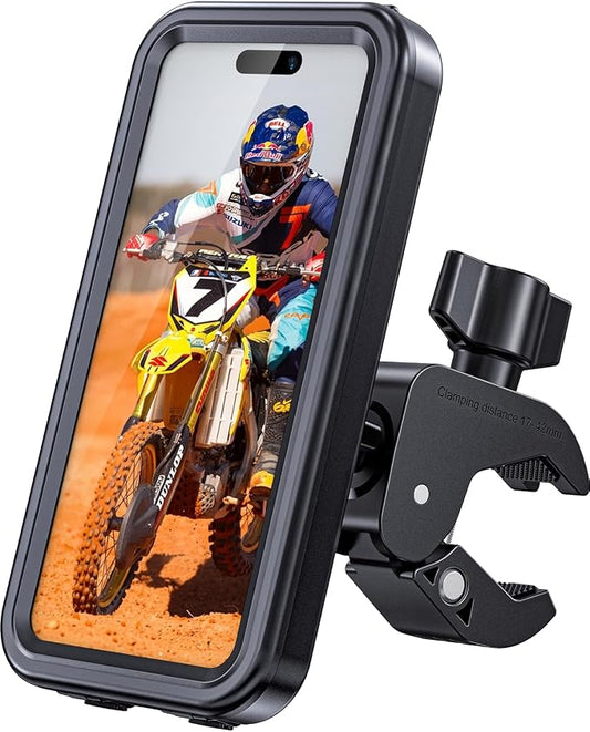 Waterproof Motorcycle Phone Mount, Bike Phone Holder, [No Block Camera] [Quick Install] Secure Bicycle Scooter ATV Handlebar Clamp Clip, Adjustable Fit 4.7-6.9" Cell Phones