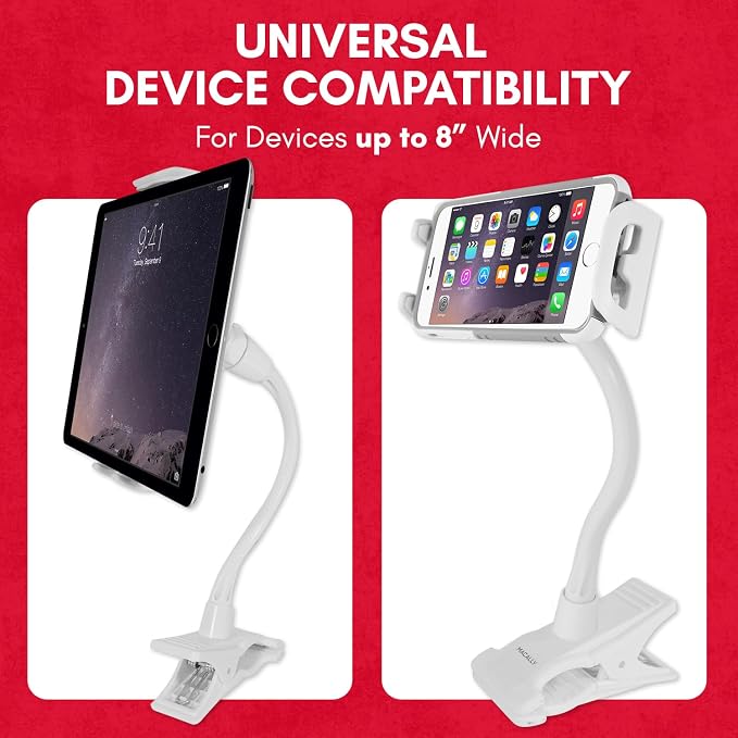 Macally Clip On Tablet Holder | Gooseneck iPad Holder for Bed, Stroller, Airplane, Desk (Universal Tablet Compatibility) Strong and Secure iPad Arm Mount, Tablet Clamp Mount, Kindle Holder