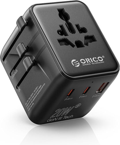 ORICO Universal Travel Adapter 100W GaN International Power Adapter | 7 in 1 (2 AC, 3 USB-C, 2 USB-A) European Travel Plug Adapter, Built-in Retractable USB-C Cable for Eu UK AU 200+ Countries