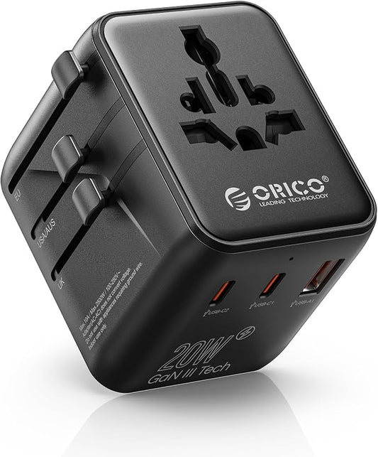 ORICO Universal Travel Adapter 100W GaN International Power Adapter | 7 in 1 (2 AC, 3 USB-C, 2 USB-A) European Travel Plug Adapter, Built-in Retractable USB-C Cable for Eu UK AU 200+ Countries