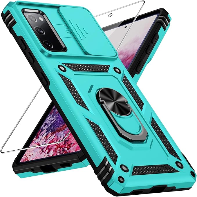 Weycolor for Samsung Galaxy S20 FE 5G Case with Camera Lens Cover, HD Screen Protector, 10 FT Military Grade Drop Protection, Magnetic Ring Holder Kickstand Protective Phone Case, Ice Green