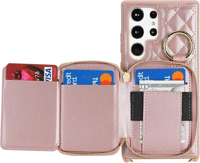 Crossbody Wallet Case for Galaxy S23 Ultra, PU Leather Zipper Handbag Purse Flip Cover, Kickstand Folio Case with Card Slots Holder Wrist Strap Lanyard -Rose Gold