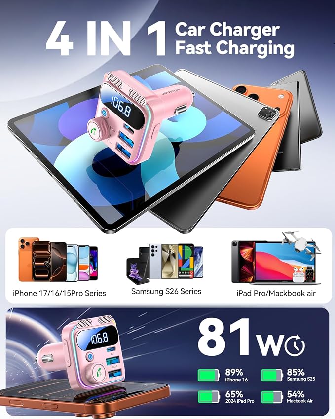 JOYROOM Bluetooth 6.0 Car Adapter FM Transmitter 81W Fast Charging Cigarette Lighter Hands-Free Calling Support USB Drive, Pink