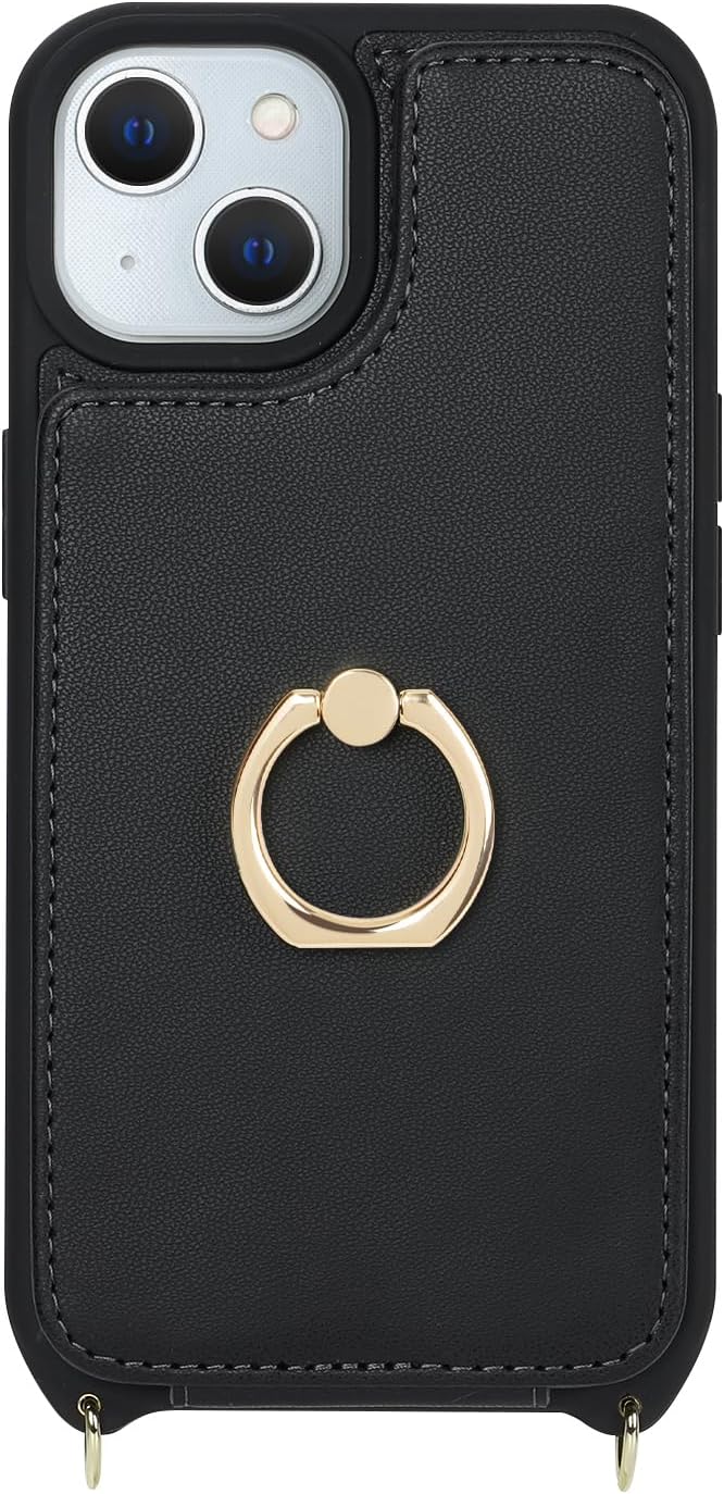 Lipvina for iPhone 13 Case with Card Holder and Strap - Women's Crossbody Lanyard,RFID Blocking, Ring Stand,Snap Clasp, RFID Blocking Phone Wallet Case 6.1 inch (Black)
