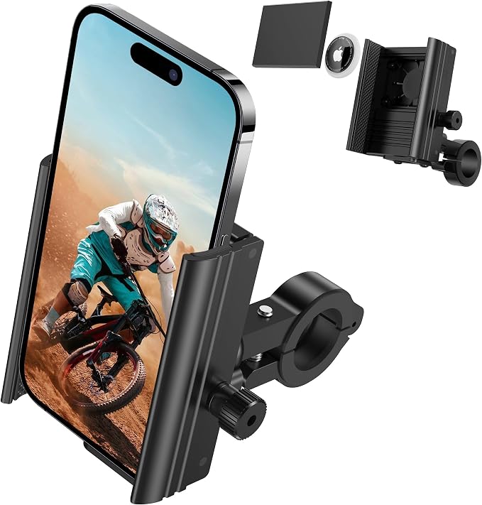 Bike Phone Mount for Airtag, Hidden Bicycle Phone Mount Compatible with Apple Airtags, Anti-Theft Air tag GPS Tracker Motorcycle Handlebar Cell Phone Clamp, Scooter Phone Clip with Bluetooth Tracker
