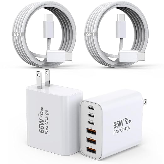65W USB C Charger Block, 2Pack 6-Port Fast Charging Block with 6ft Long TypeC to TypeC Woven Cable Cord,Multiport Plug,USB C Power Adapter for iPhone 17/17 Air/17 Pro/16/16e/16 Pro Max/15,iPad,AirPods