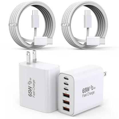 65W USB C Charger Block, 2Pack 6-Port Fast Charging Block with 6ft Long TypeC to TypeC Woven Cable Cord,Multiport Plug,USB C Power Adapter for iPhone 17/17 Air/17 Pro/16/16e/16 Pro Max/15,iPad,AirPods