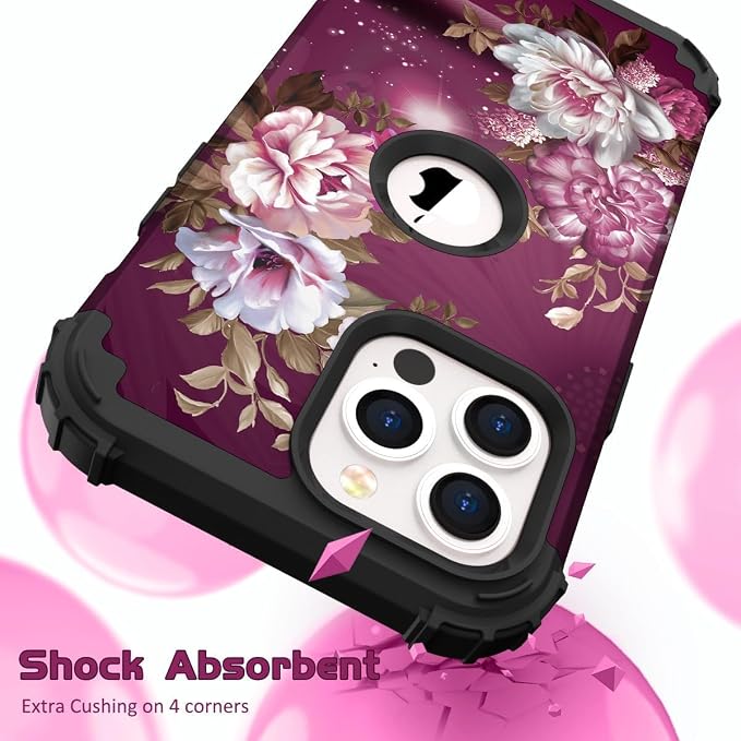 Hocase for iPhone 15 Pro Case, Heavy Duty Shockproof Protection Soft Silicone Rubber Bumper+Hard Plastic Hybrid Protective Case for iPhone 15 Pro 6.1" 2023 - Royal Purple Flowers