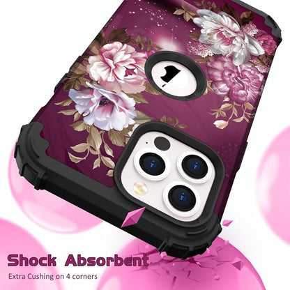 Hocase for iPhone 15 Pro Case, Heavy Duty Shockproof Protection Soft Silicone Rubber Bumper+Hard Plastic Hybrid Protective Case for iPhone 15 Pro 6.1" 2023 - Royal Purple Flowers