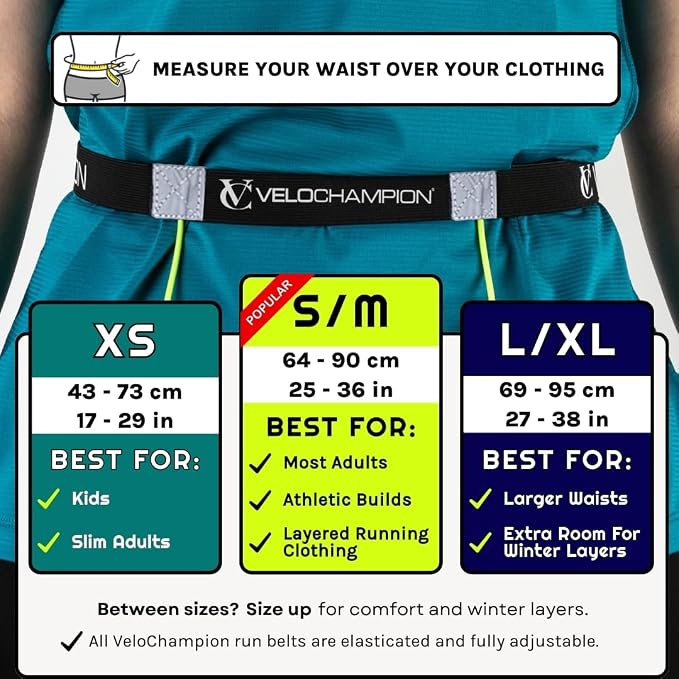 VeloChampion Lightweight Running Belt Waist Pack for Men Women - Elasticated Stretch Fit Race Number Holder - No Pins - 3 Sizes - Run. Triathlon. Cycle. Marathon. Jogging (2, X-Small)