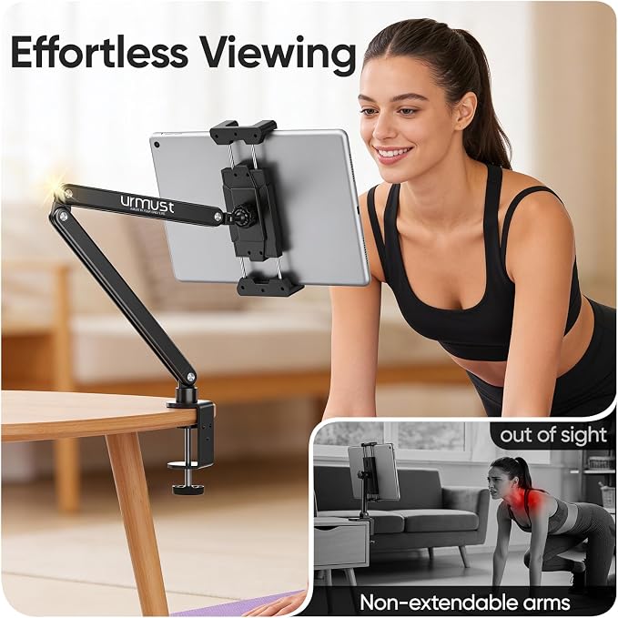 Urmust Portable Monitor Stand 15.6", iPad Stand for Desk & Bed, Portable Monitor Holder up to 18.5", Adjustable Desktop Tablet Arm Mount, Apple iPad Holder for Desk, for 4.7"-12.9" iPad Pro/Air/Mini