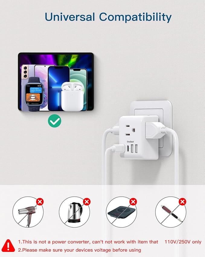 2 Pack European Travel Plug Adapter, International Power Plug Adapter | 3 Outlets 4 USB Charging Ports(2 USB C), Type C Plug Adapter Travel Essentials to Most Europe EU Spain Italy France Germany