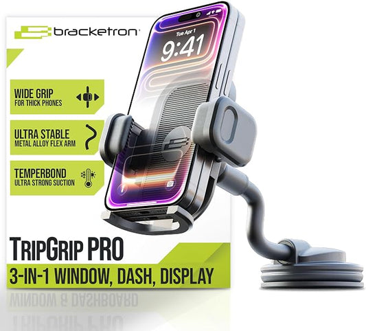 Bracketron TripGrip PRO Car Phone Holder Mount - Phone Holders for Your Car with 7.5" Flexible Gooseneck for Dash & Windshield - Compatible with Most Smartphones