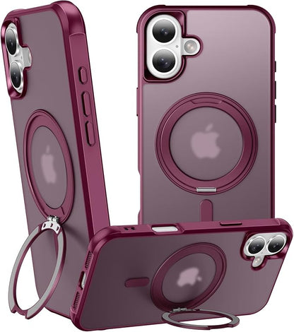 360° Magnetic Swivel Ring for iPhone 16 case, Built-in Metal Stand and Ring Holder, Magsafe Compatible, Military Grade Protection, Shock and Vibration Resistant - Wine Red