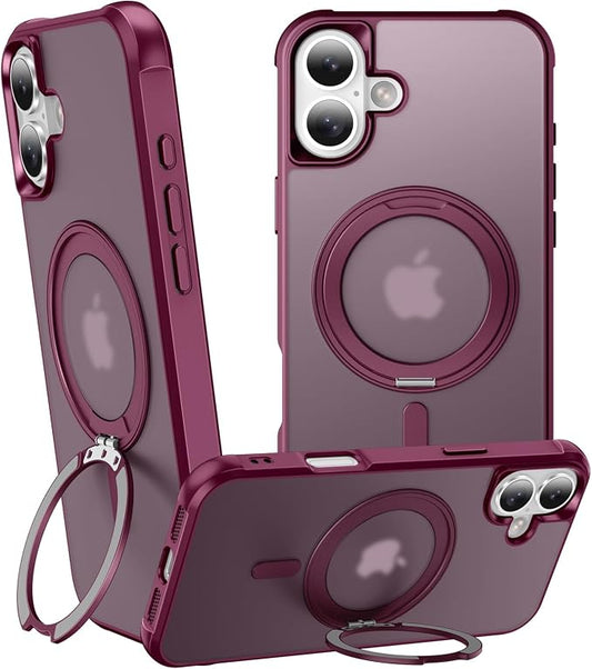 360° Magnetic Swivel Ring for iPhone 16 case, Built-in Metal Stand and Ring Holder, Magsafe Compatible, Military Grade Protection, Shock and Vibration Resistant - Wine Red