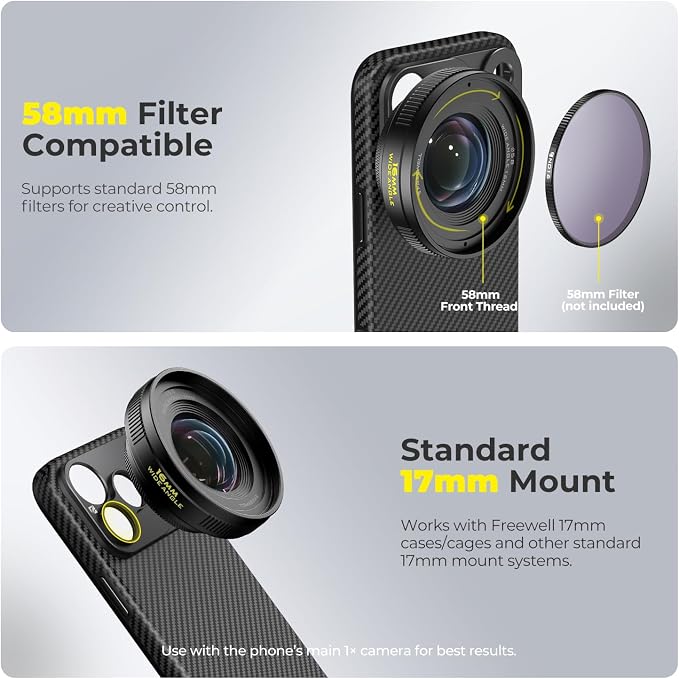 Freewell 16mm Wide Angle Lens for iPhone & Samsung – 105° FOV, Close Focus 0.5m – Perfect for Landscapes, Architecture.