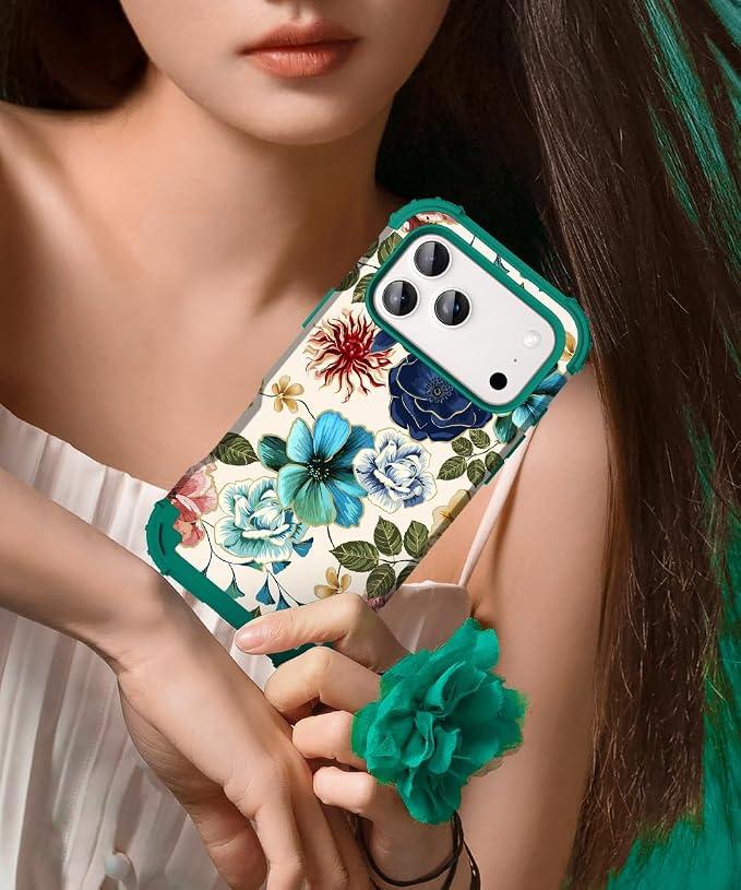 Hocase for iPhone 17 Pro Max Case, Heavy Duty Shockproof Protection Soft Silicone Rubber+Hard Plastic Bumpers Hybrid Protective Case for iPhone 17 Pro Max 2025 - Teal Flowers