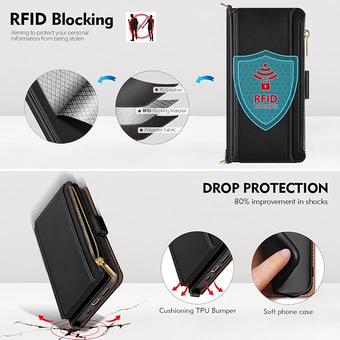 Antsturdy Compatible with iPhone 12 Wallet Case for Women【RFID Blocking】 Crossbody Phone Case PU Leather Zipper with Wrist Strap Flip Cover Credit Card Holder,for Apple 12 Pro 6.1",Black