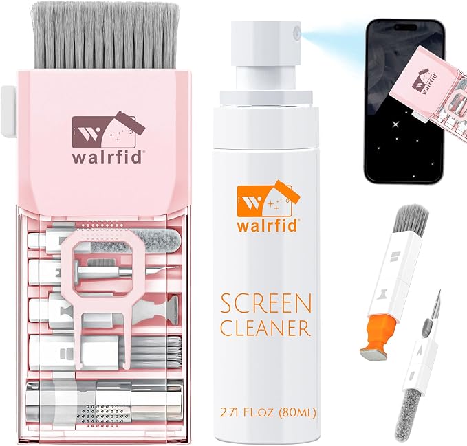 walrfid Laptop Keyboard Cleaner Kit with 80ml Screen Cleaner Spray, 15-in-1 Phone Computer Screen Cleaning Tool for iPhone iPad MacBook, Multi-Function Electronics Cleaning Kit for PC, Camera (Pink)