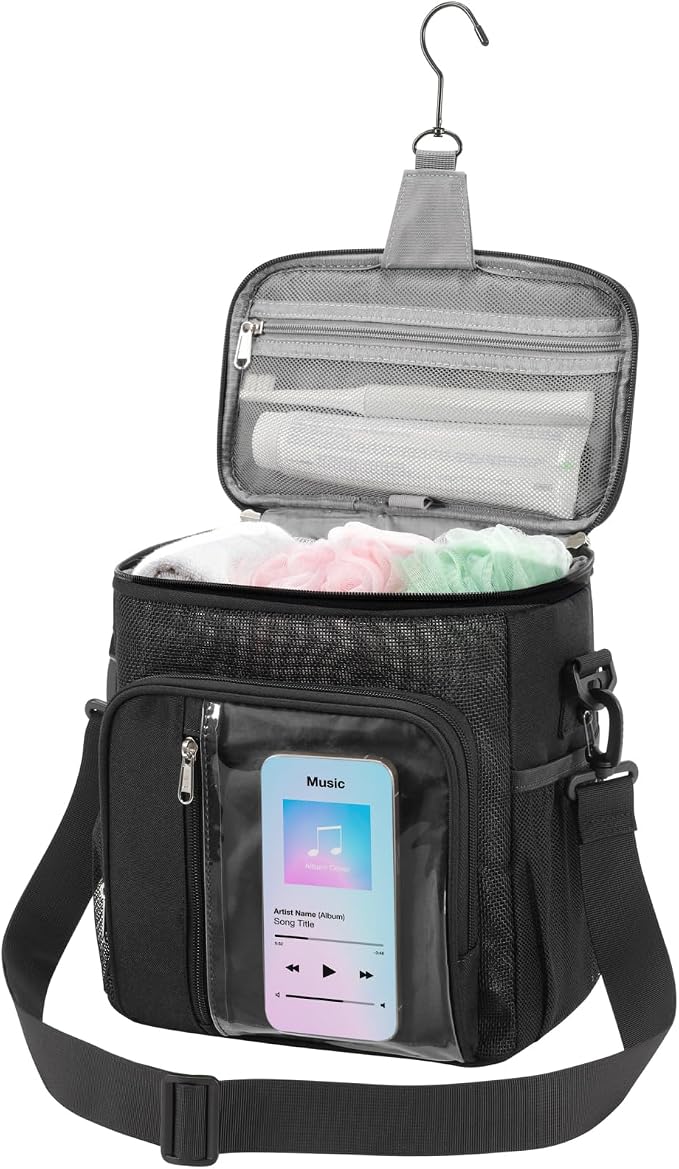 F-color Crossbody Shower Caddy with Phone Holder - Hands-Free Portable Toiletry Bag Fits Full-Size Bottles, Quick Dry Mesh Hanging Tote for College Dorm Essentials, Camping, Gym, Travel, Large, Black