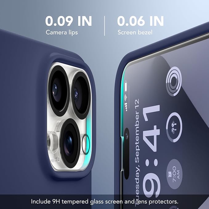 GONEZ for iPhone 14 Pro Case, Compatible with Magsafe, with Screen Protector + Camera Lens Protector, Soft Anti-Scratch Microfiber Lining, Shockproof Liquid Silicone Phone Cover, Midnight Blue