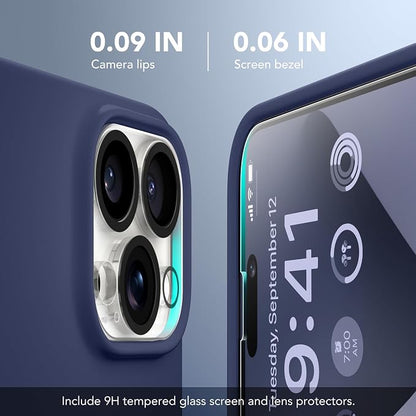 GONEZ for iPhone 14 Pro Case, Compatible with Magsafe, with Screen Protector + Camera Lens Protector, Soft Anti-Scratch Microfiber Lining, Shockproof Liquid Silicone Phone Cover, Midnight Blue