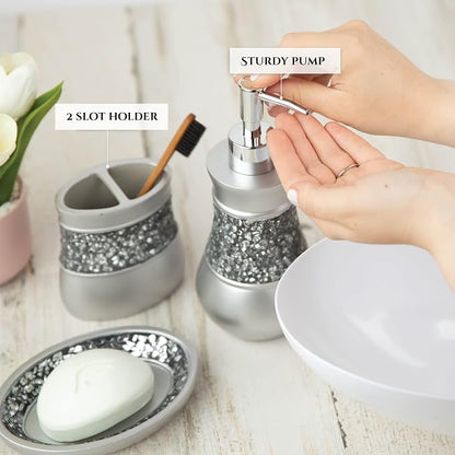 Creative Scents Crackled Glass Silver Hand Soap Dispenser for Bathroom, Decorative Countertop Lotion Dispenser, Elegant Liquid Soap Dispenser with Sturdy Pump for Classic Bathroom Décor
