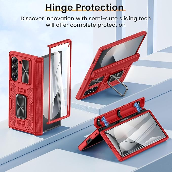 VEGO for Galaxy Z Fold 6 Case with Screen Protector &Hinge Protection-Red | Built-in Slide Camear Cover & 360° Ring Stand Case Heavy Duty Drop Protection Cover for Samsung Galaxy Z Fold 6 5G 2024