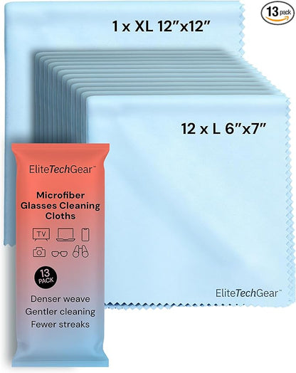 Elite Screens 13-Pack Oversized Microfiber Cleaning Cloth Set - 12-pc 6" x 7" & 1-pc 12" x 12" - Blue Smudge-Free Lens Cleaning Cloths for Eyeglasses - Reusable Microfiber Glasses Wipes