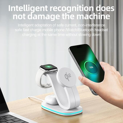 3 in 1 Charging Station for iPhone, Qi2 15W Charger Station Compatible Mag-Safe with iPhone 17 16e 16 15 14 13 12 11 X Pro Max & Apple Watch - Wireless Charging Station for AirPods (White 3 in 1)